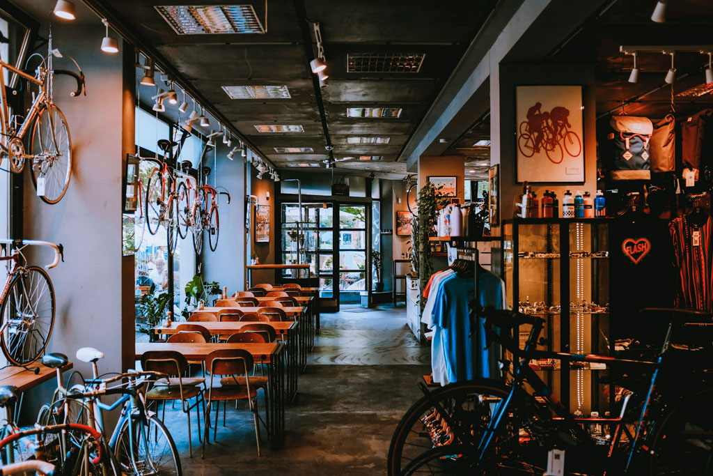 bike store that updated its wireless network infrastructure with artwork tables and chairs