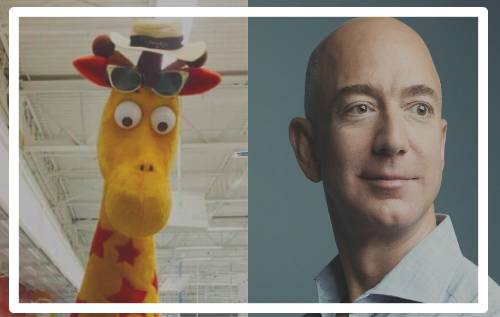 Toys R Us Bankruptcy | Worldlink Integration Group | Image of Geoffrey Girafe and Jeff Bezos side by side in a contrast to Toys R Us and Amazon