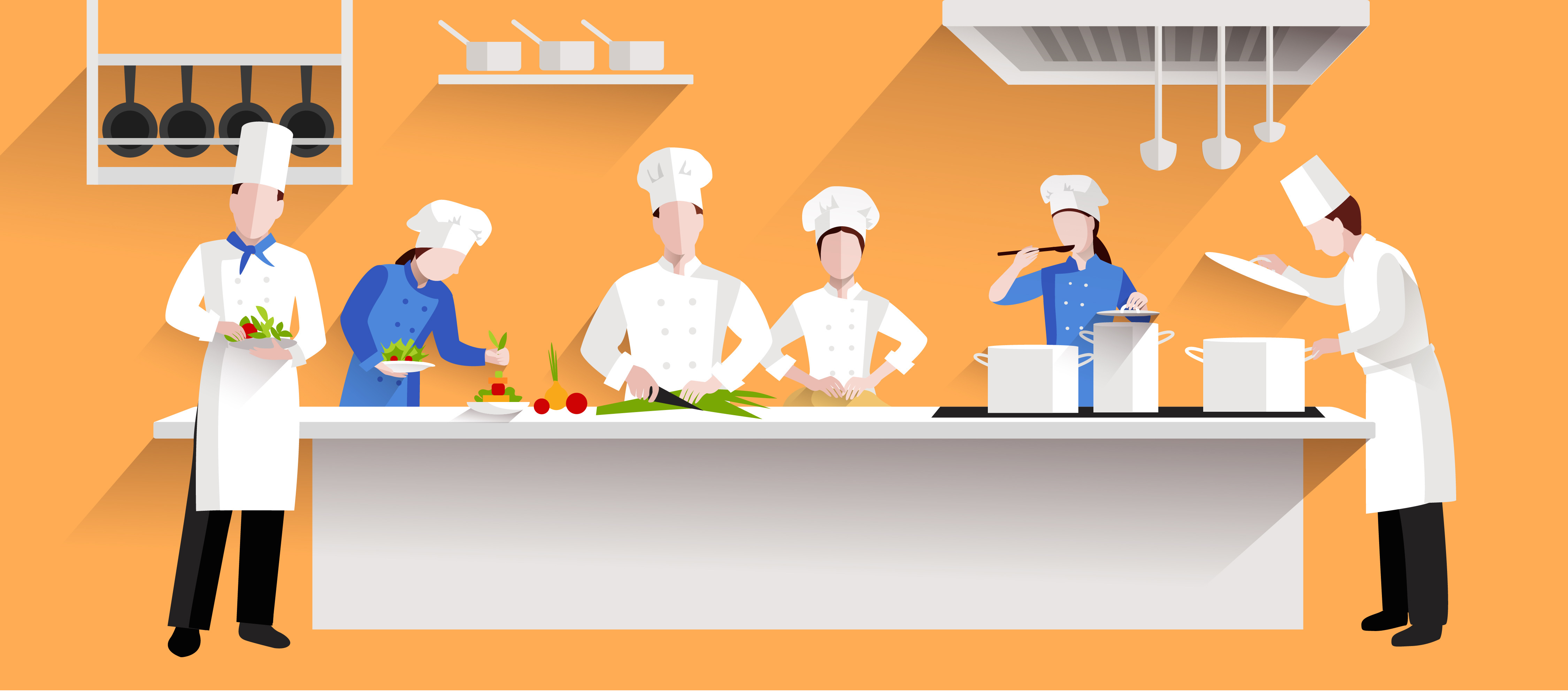 Mobile Strategy for restaurants | Worldlink Integration Group | Cooking process with chef figures at the table in restaurant kitchen interior in an isolated vector illustration